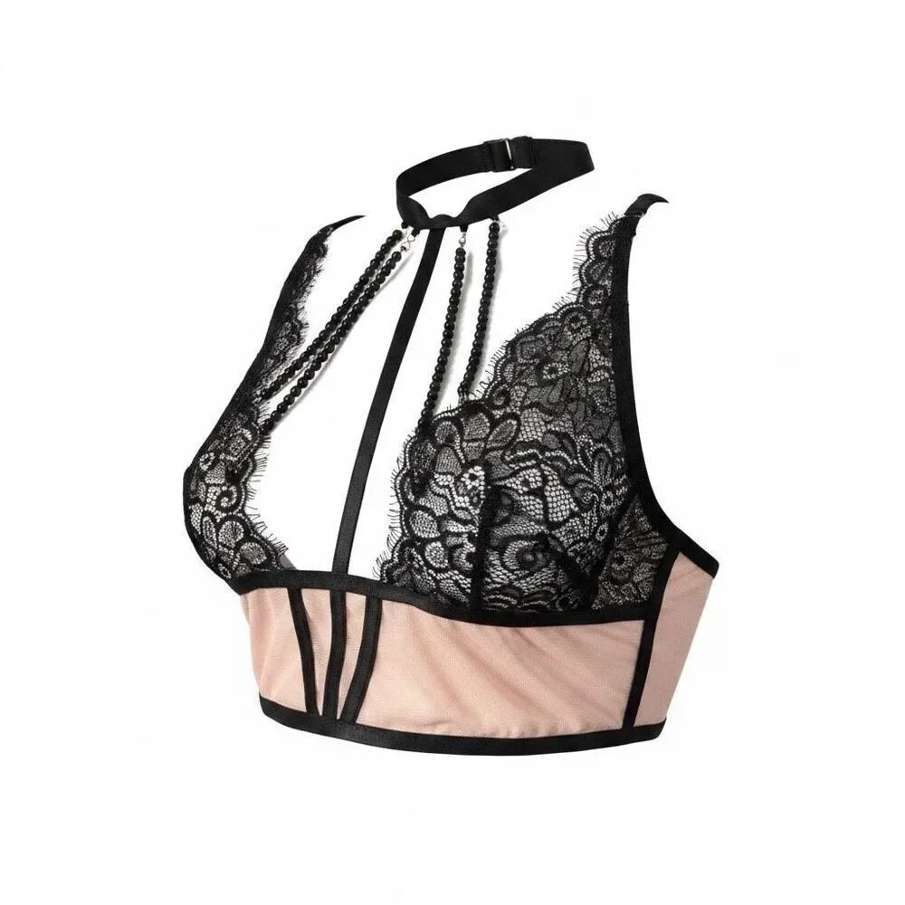 Pink Black Lace Sheer Beaded Choker Bralette Size M High Neck Sexy Lingerie